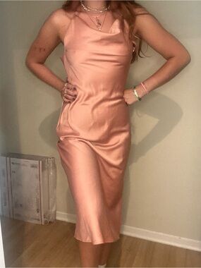 Wayf Satin Cowl Neck Midi Dress in Rose